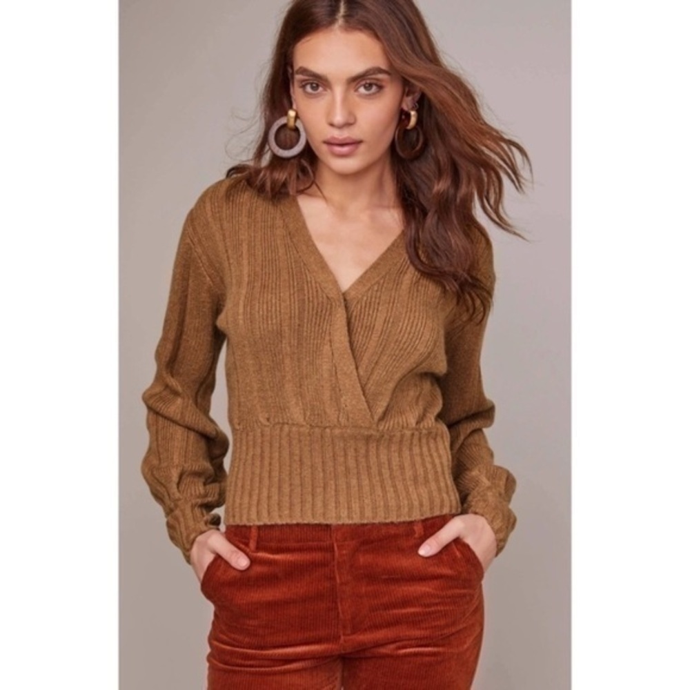 ASTR The Label Evie Surplice Wrap Ribbed Tan Sweater​